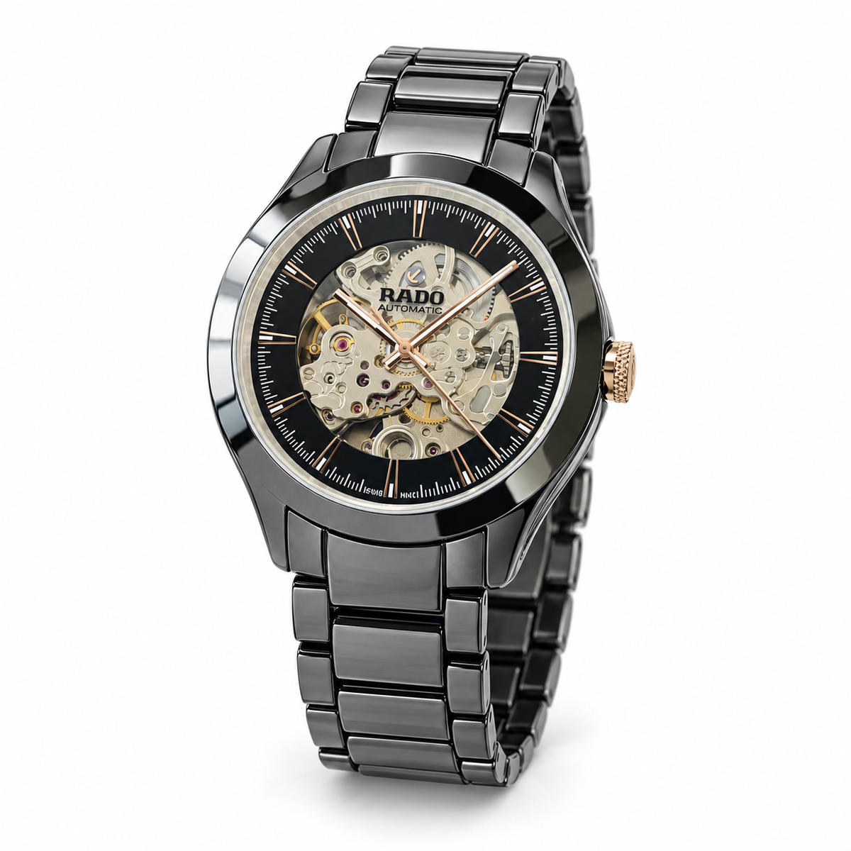 Rado Automatic Skeleton Watch in black ceramic on white background