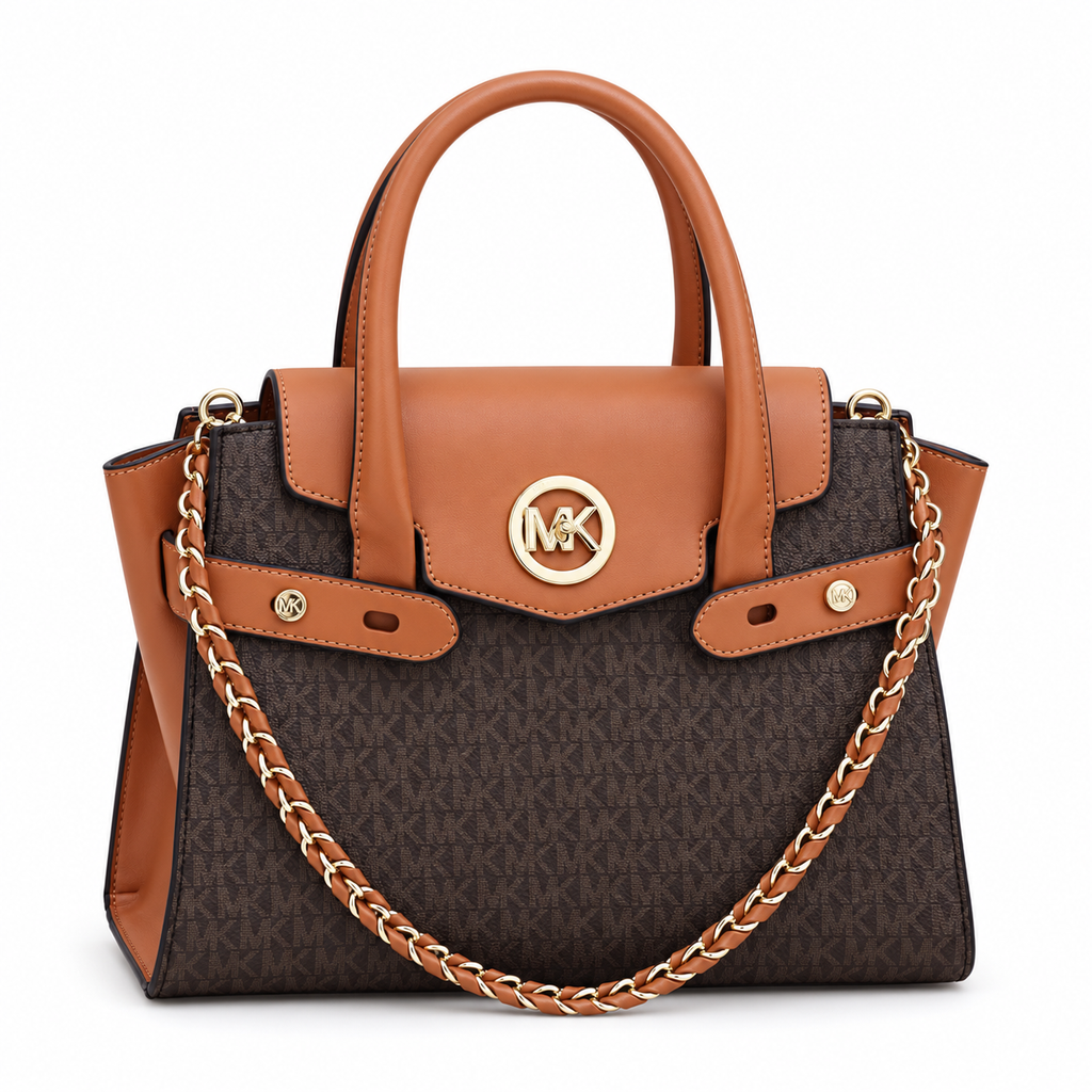 Michael Kors Carmen flap handbag in Brown Signature on white background