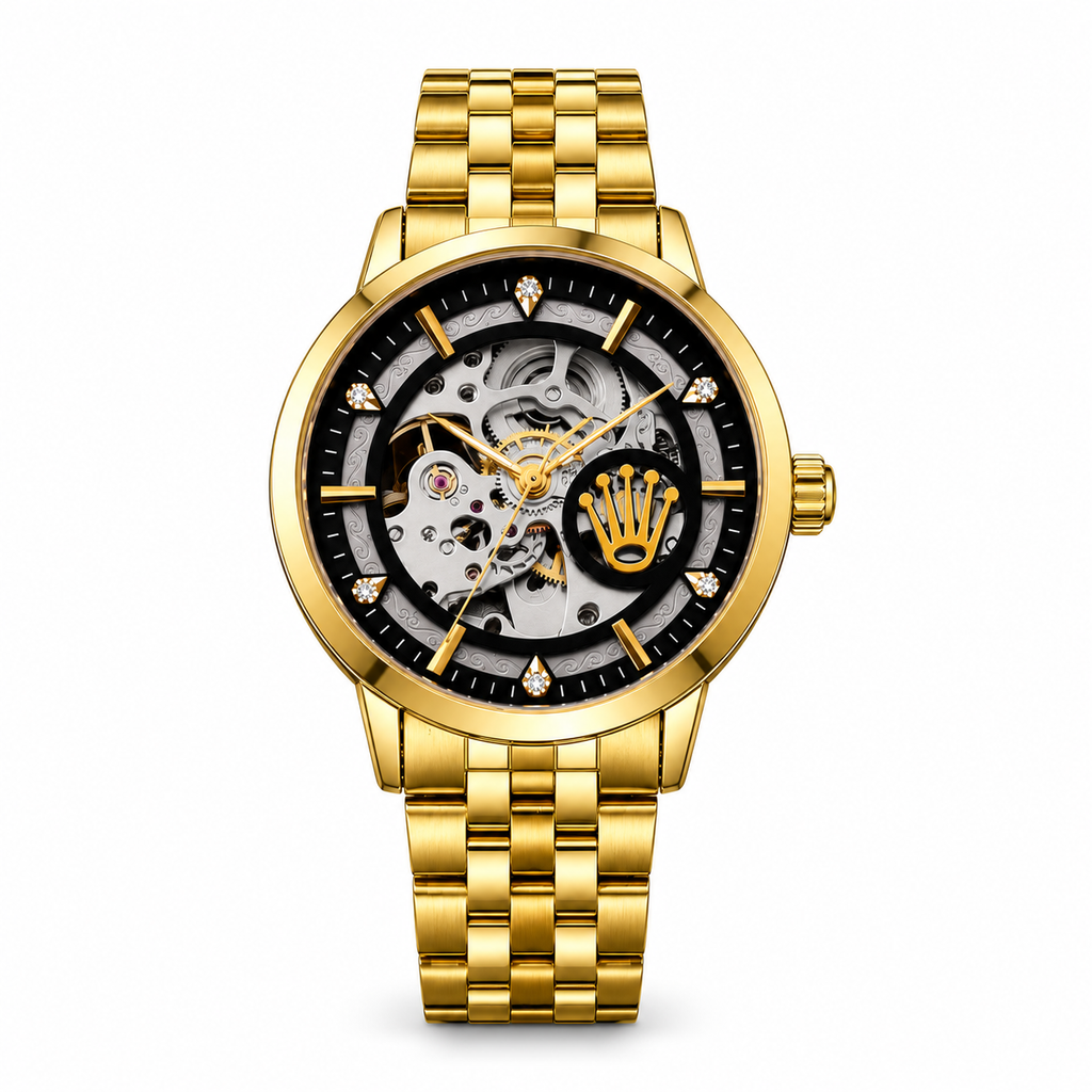 Rolex automatic skeleton watch in Gold and Black on white background