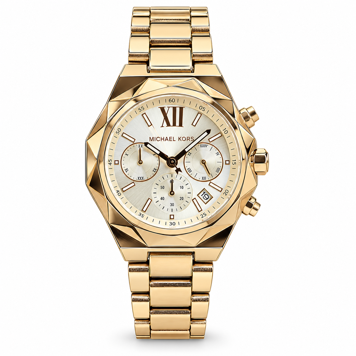 Michael Kors Raquel Series gold-tone watch with silver dial on white background