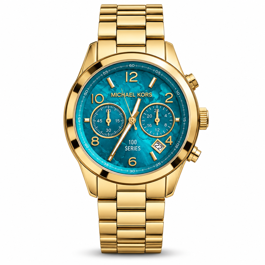 Michael Kors MK5815 gold-tone women’s watch with turquoise dial on a white background
