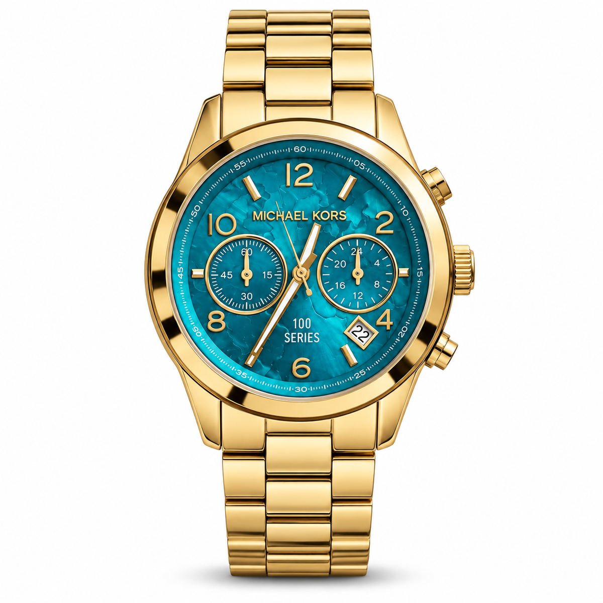 Michael Kors MK5815 gold-tone women’s watch with turquoise dial on a white background