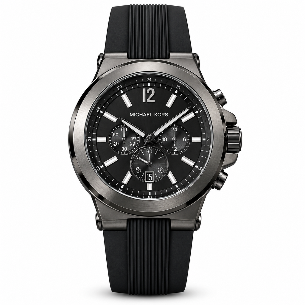 Michael Kors Dylan chronograph in gunmetal and black on a white background