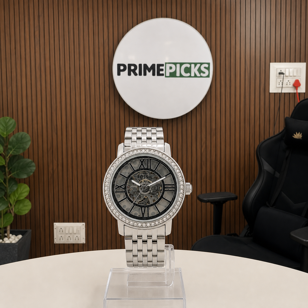 Fossil Curiosity 35mm silver skeleton women’s watch with PRIMEPICKS office logo