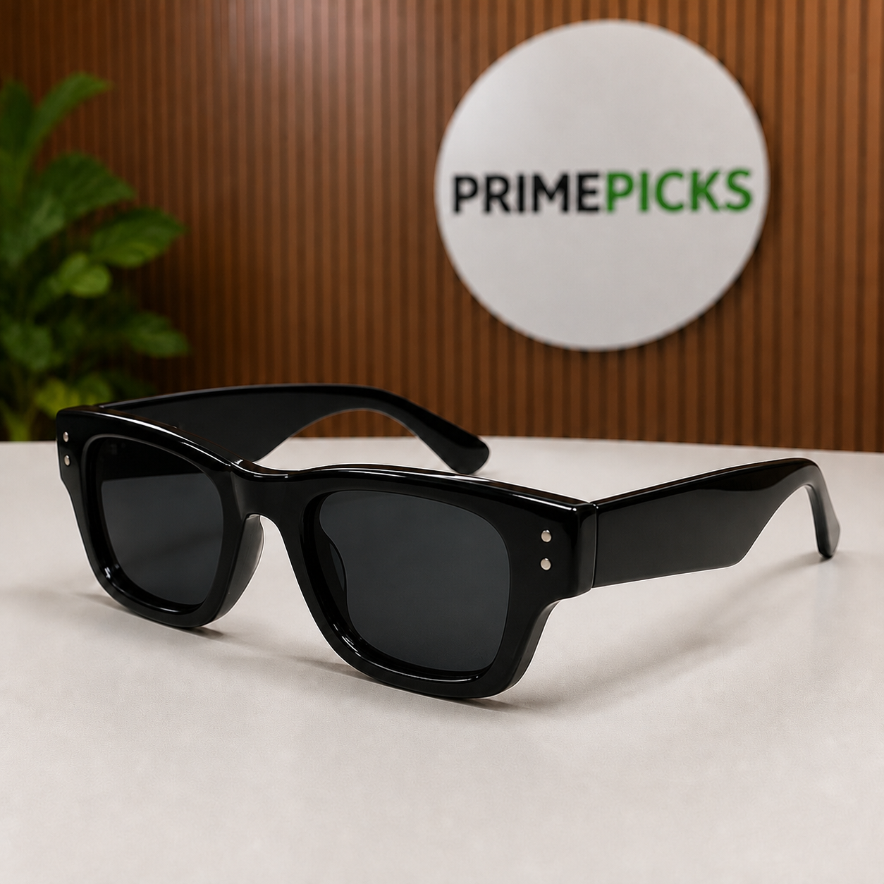 Ray-Ban glossy black rectangular polarized sunglasses hero view