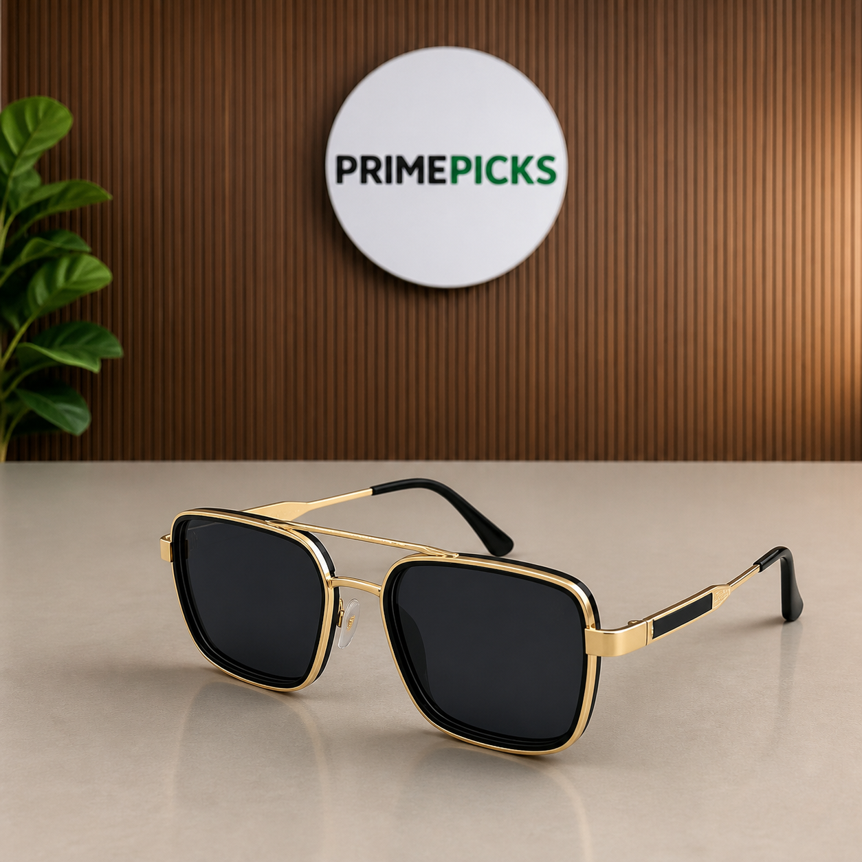 Ray-Ban gold-tone double-bridge rectangular sunglasses hero view