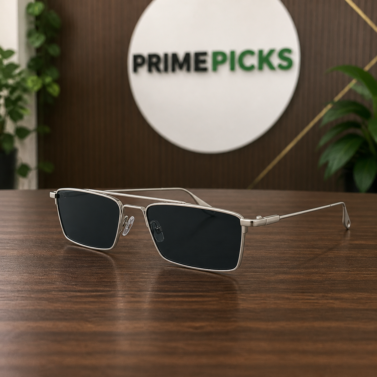 Ray-Ban silver double-bridge narrow rectangular sunglasses hero view