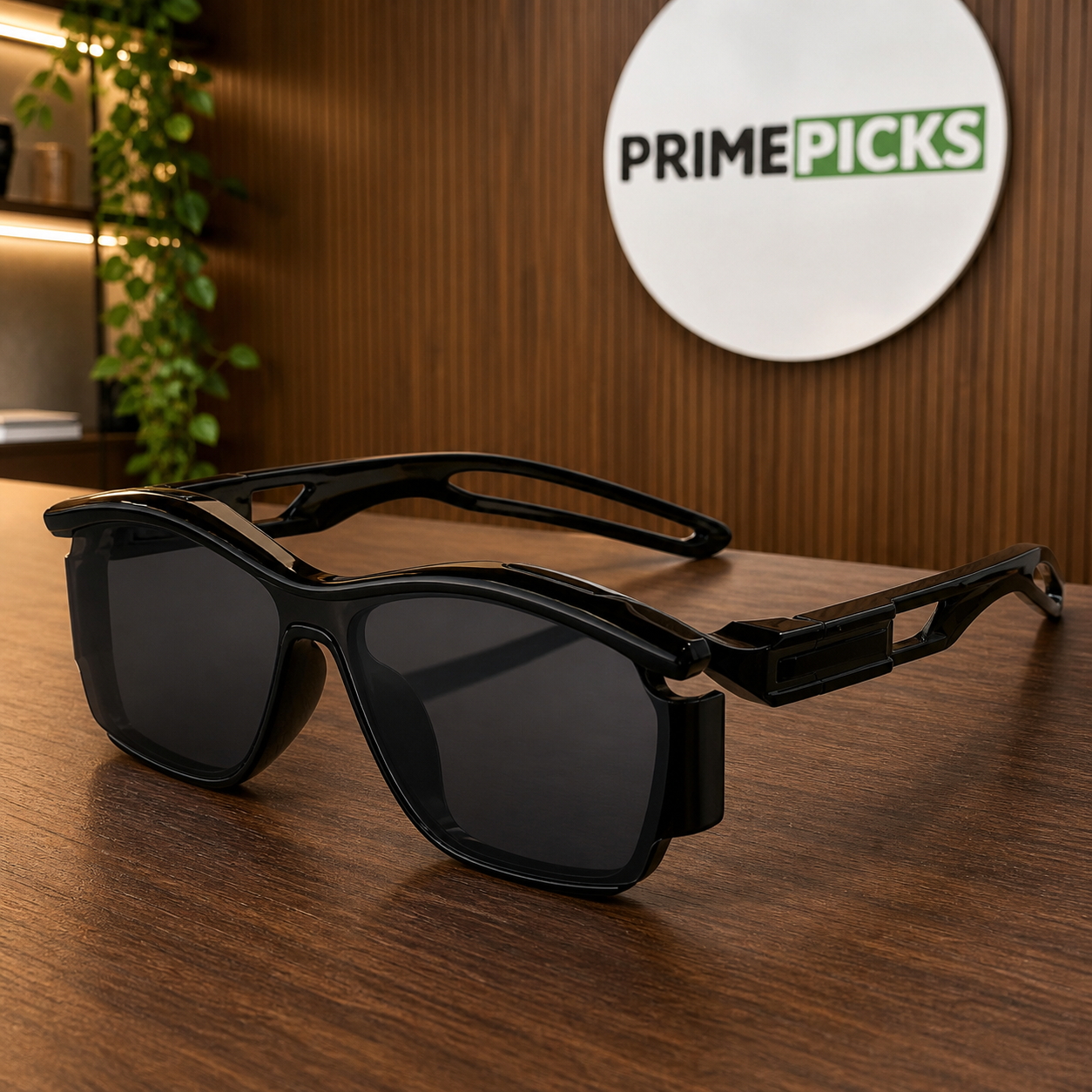 Prada glossy black sculpted rectangular sunglasses – PrimePicks office hero