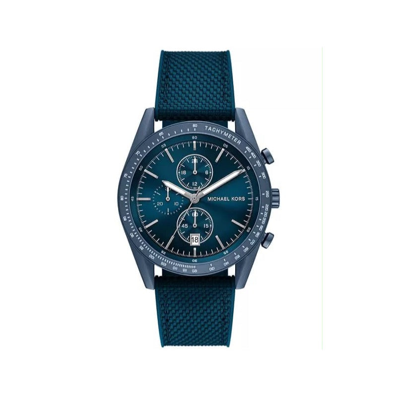 Michael Kors Accelerator MK9142 blue chronograph men’s watch on white background