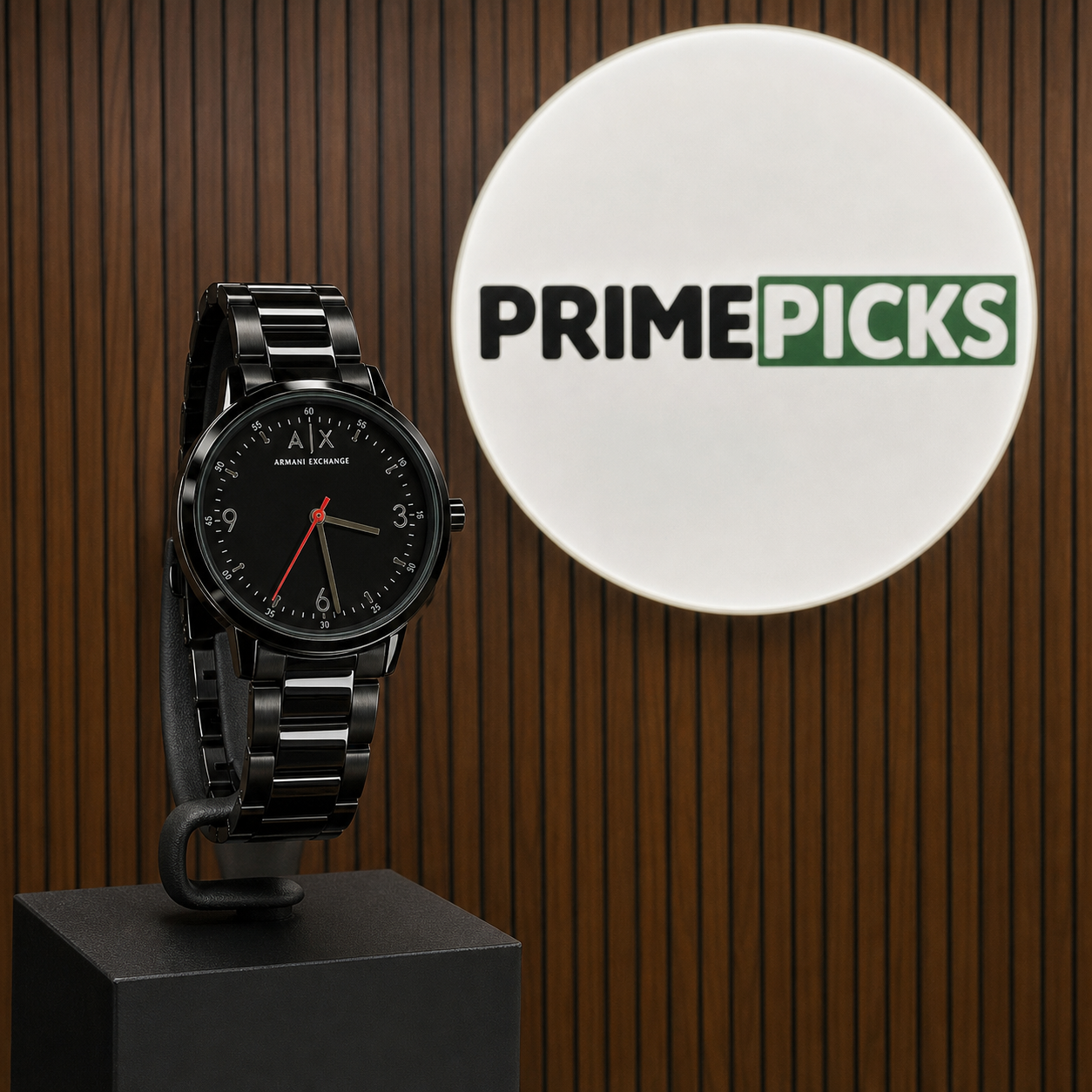 Armani Exchange Cayde black watch with Primepicks logo board