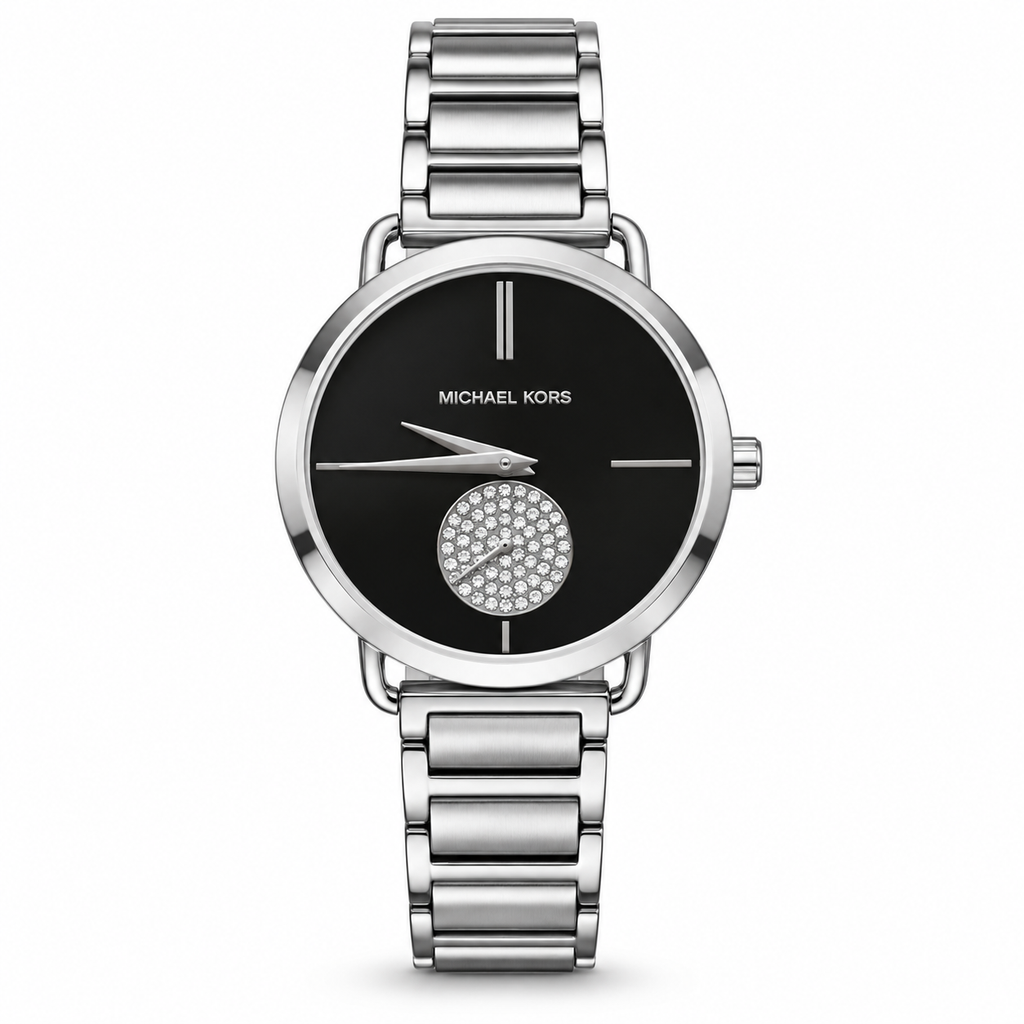 Michael Kors Portia MK3638 silver-tone women’s watch with black dial on a white background