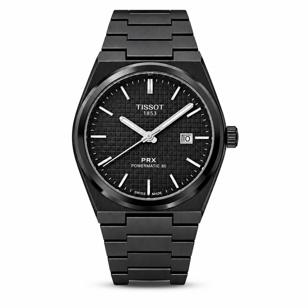 Tissot PRX Z-Black 40mm men's watch on a white background