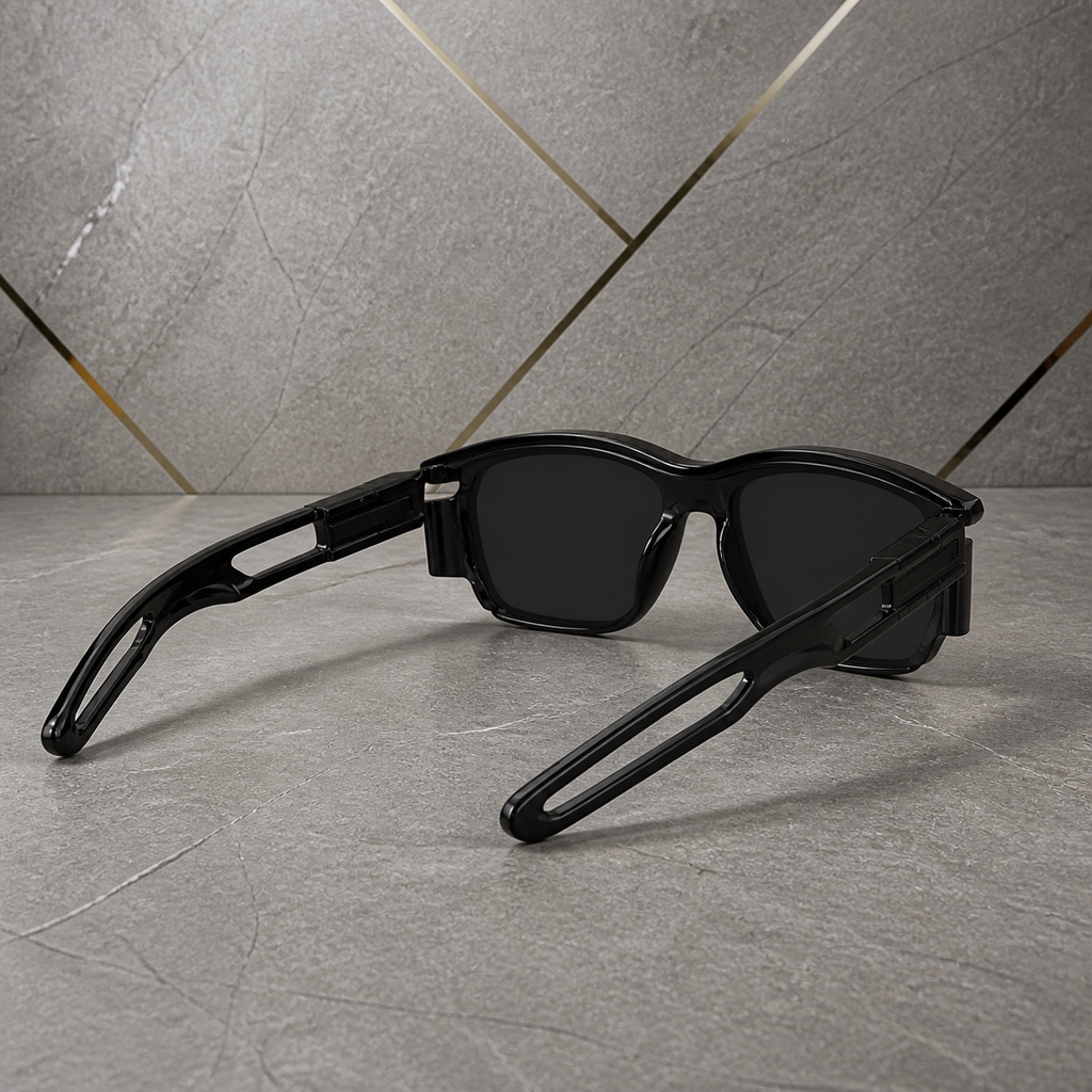 Prada glossy black rectangular sunglasses – open-temple alternate view