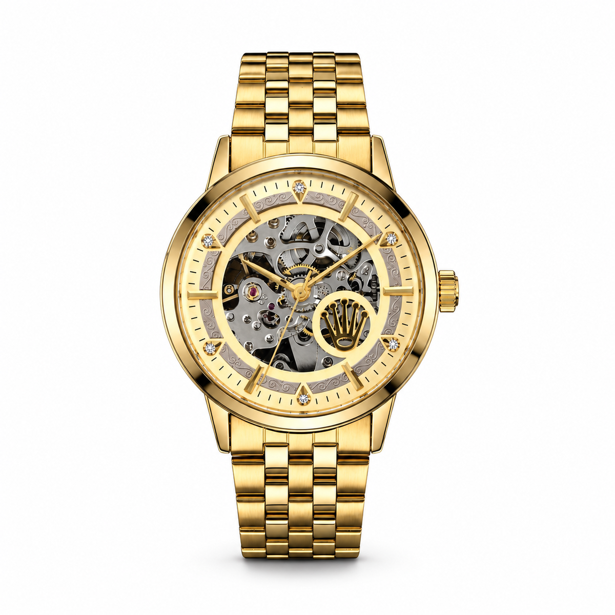 Rolex automatic skeleton watch in Gold and Champagne on white background
