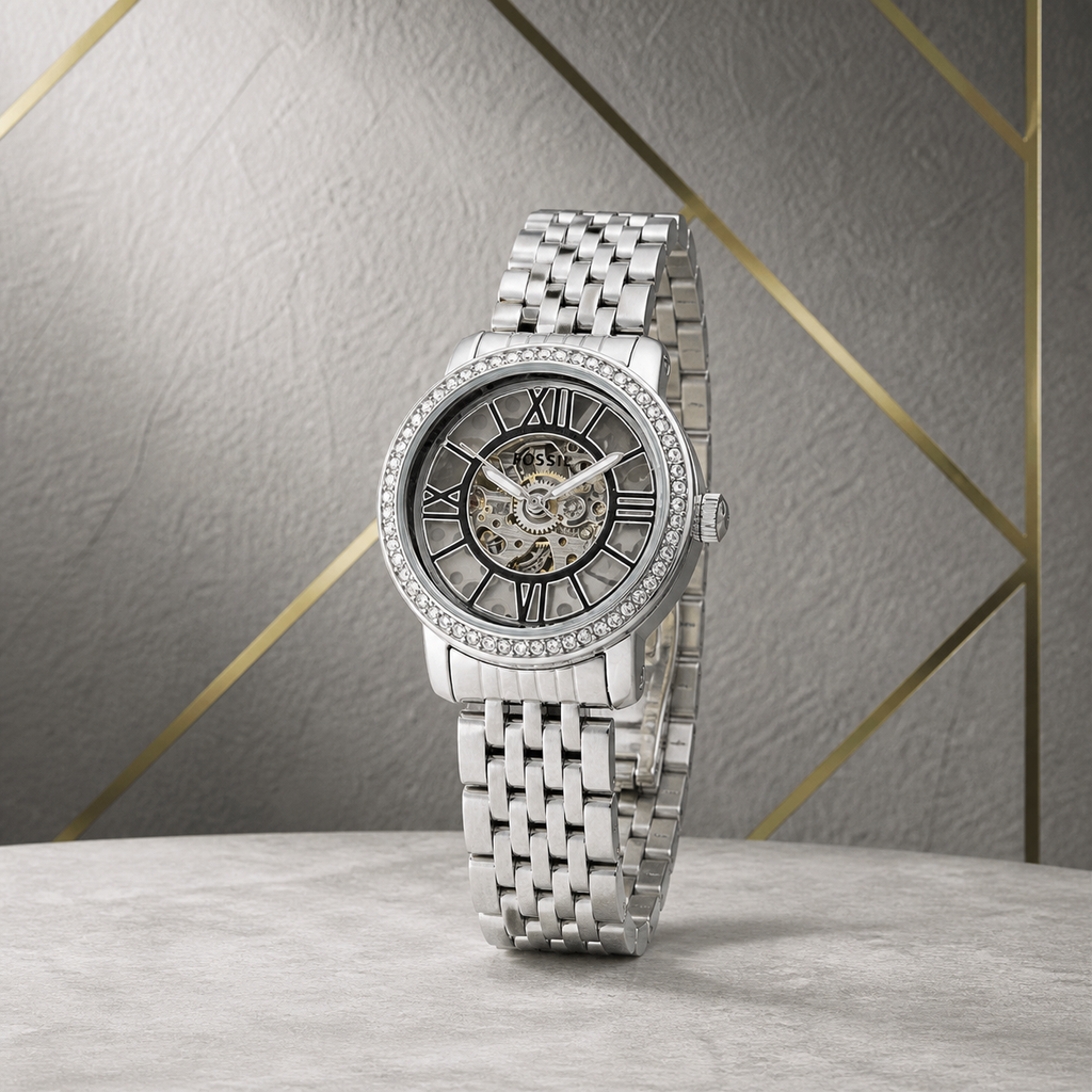 Fossil Curiosity silver skeleton automatic watch angled against gray office wall