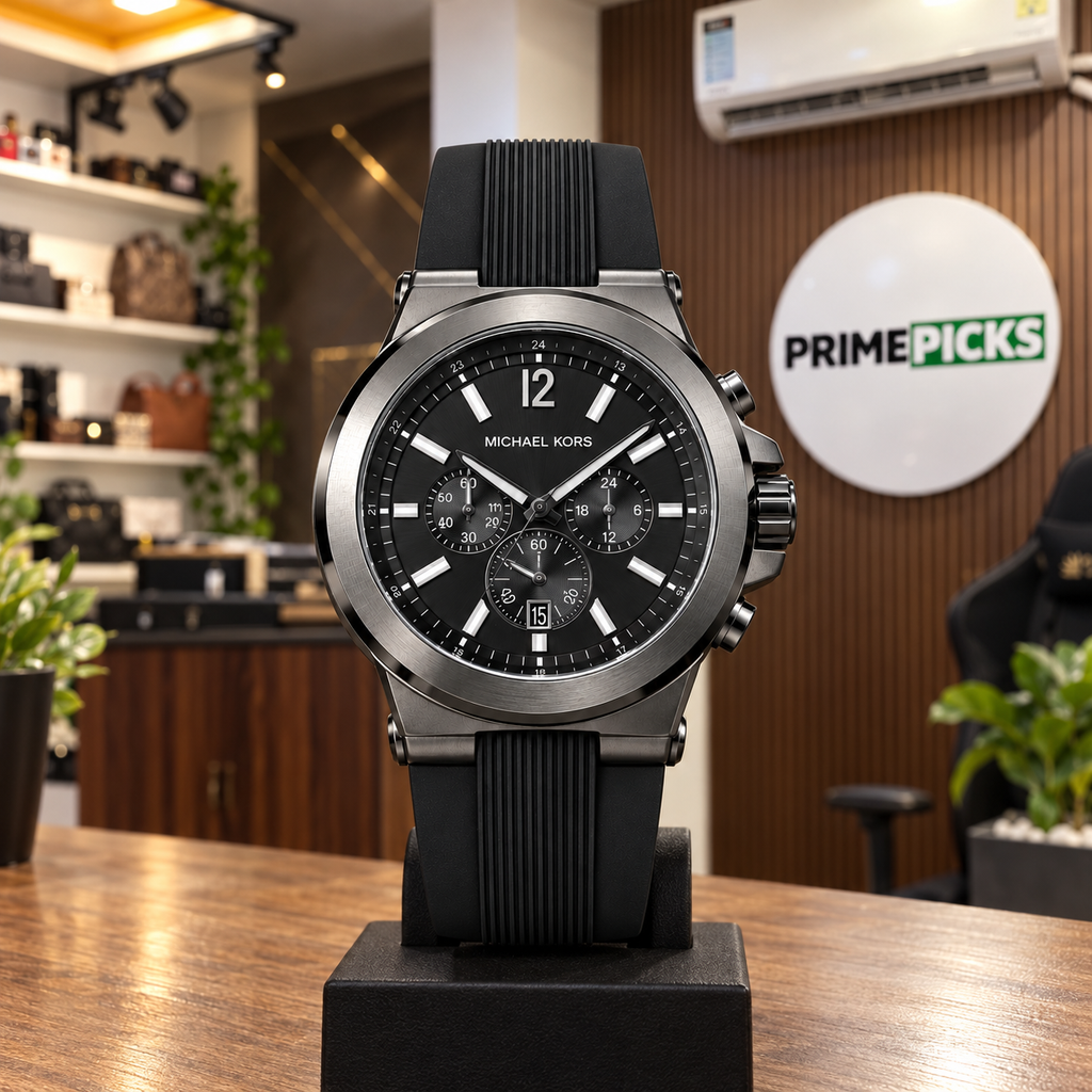 Michael Kors Dylan chronograph in gunmetal and black in the PrimePicks office