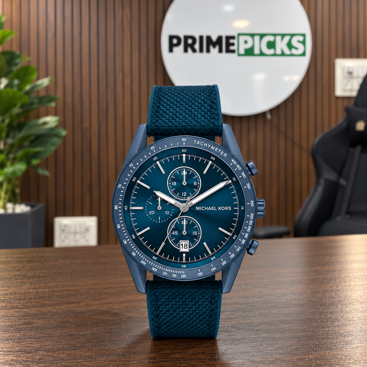 Michael Kors Accelerator MK9142 blue watch in the PrimePicks office