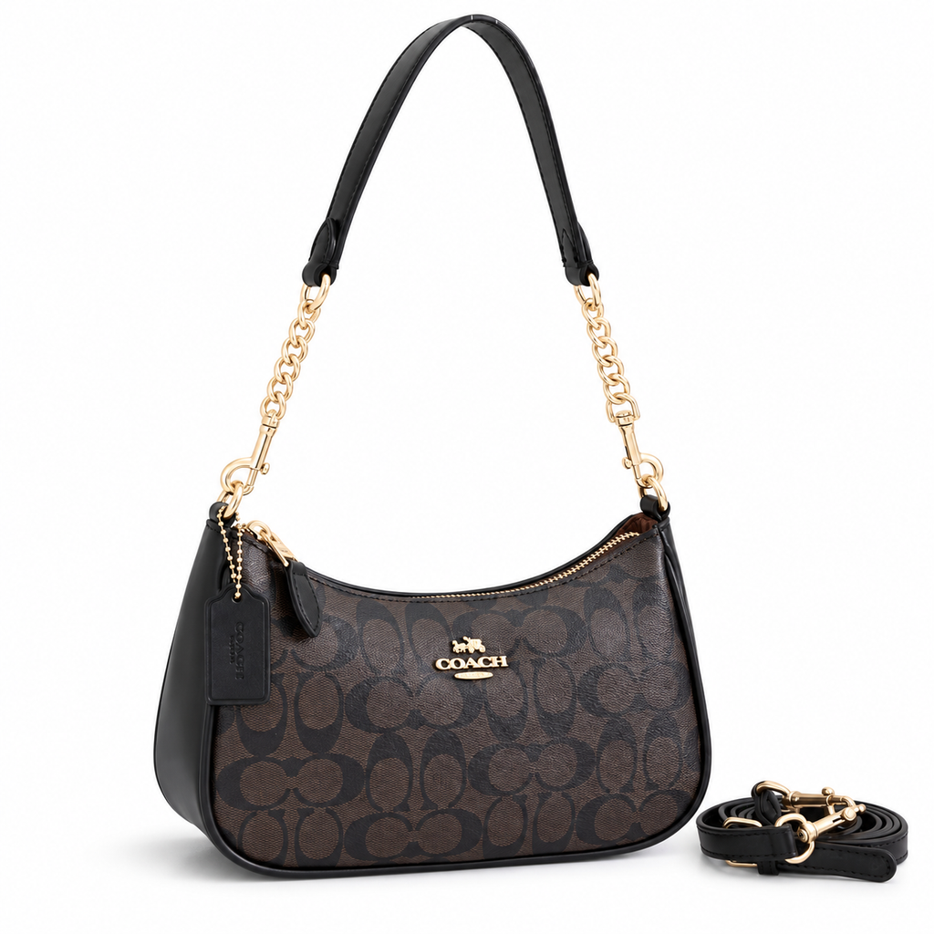 Coach Teri shoulder bag in Brown/Black Signature on white background