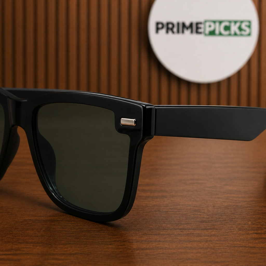 Ray-Ban black sunglasses – stepped lens corner and hinge detail
