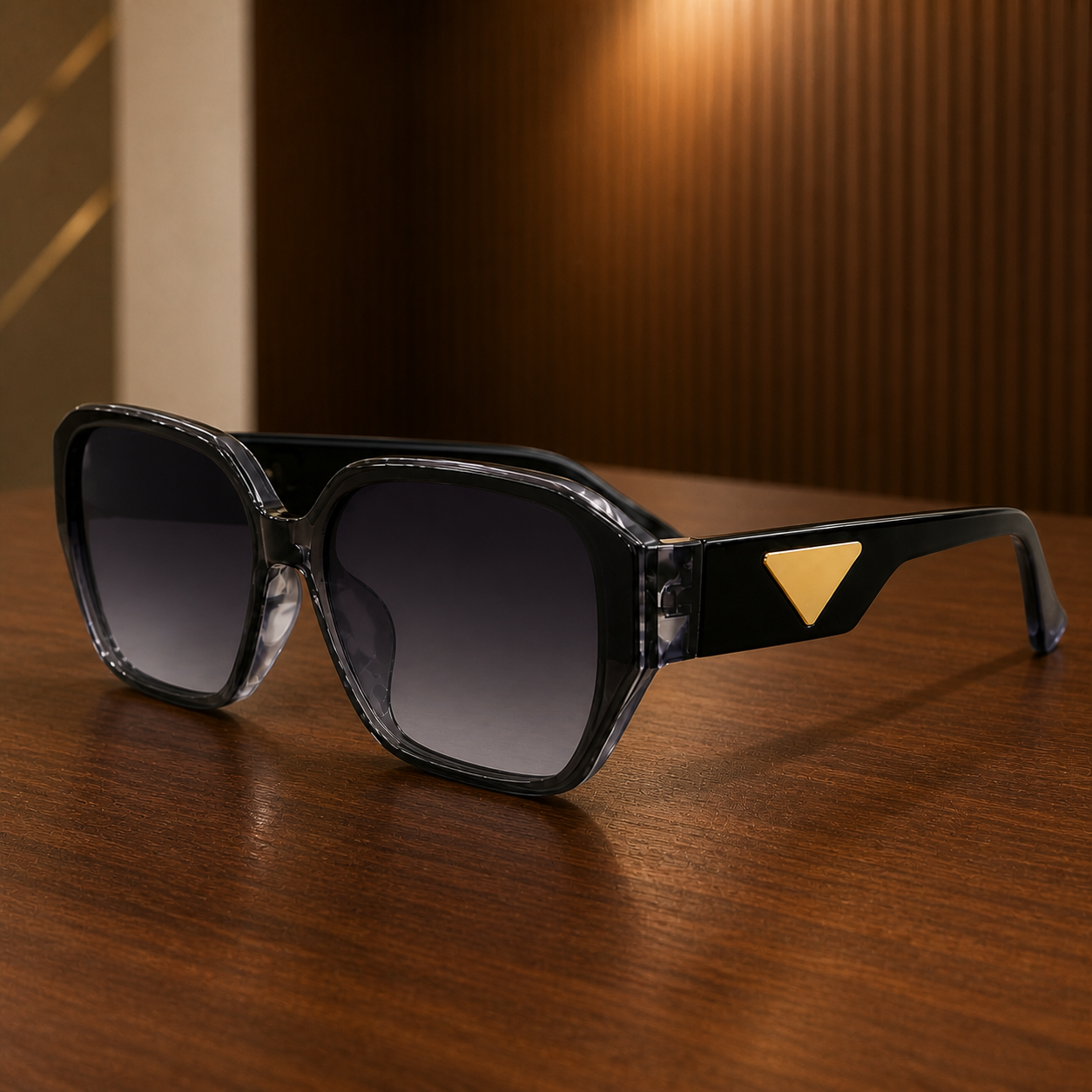 Prada smoke-black sunglasses – gold-tone triangle temple detail