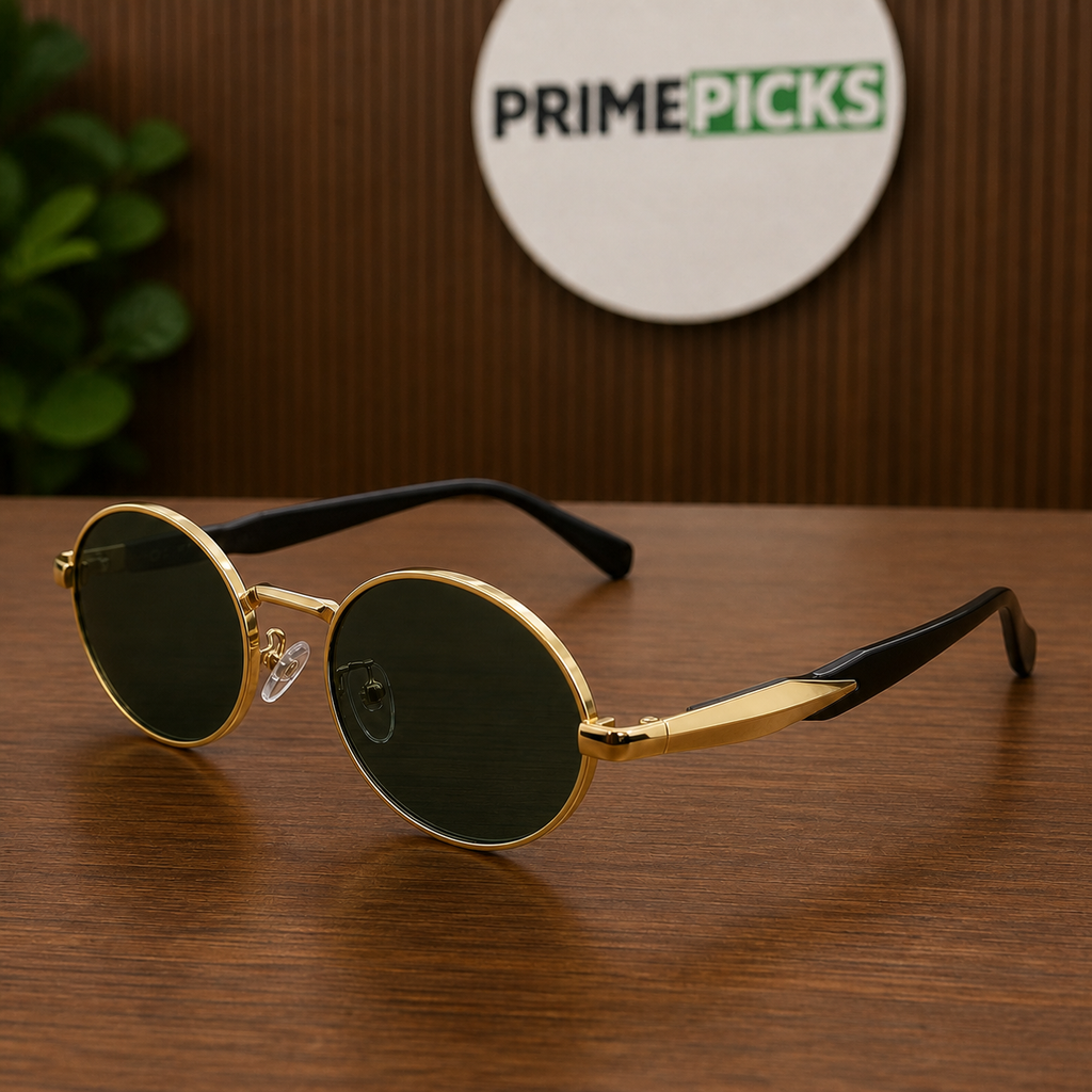 Prada round sunglasses – gold hinge and black temple detail