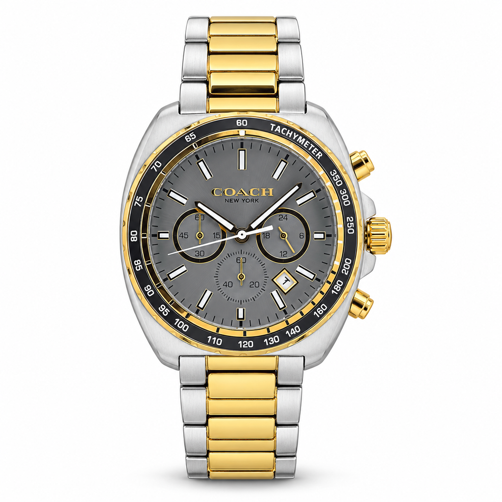 Coach Charter 14602738 two-tone gold and silver watch with grey dial on white background