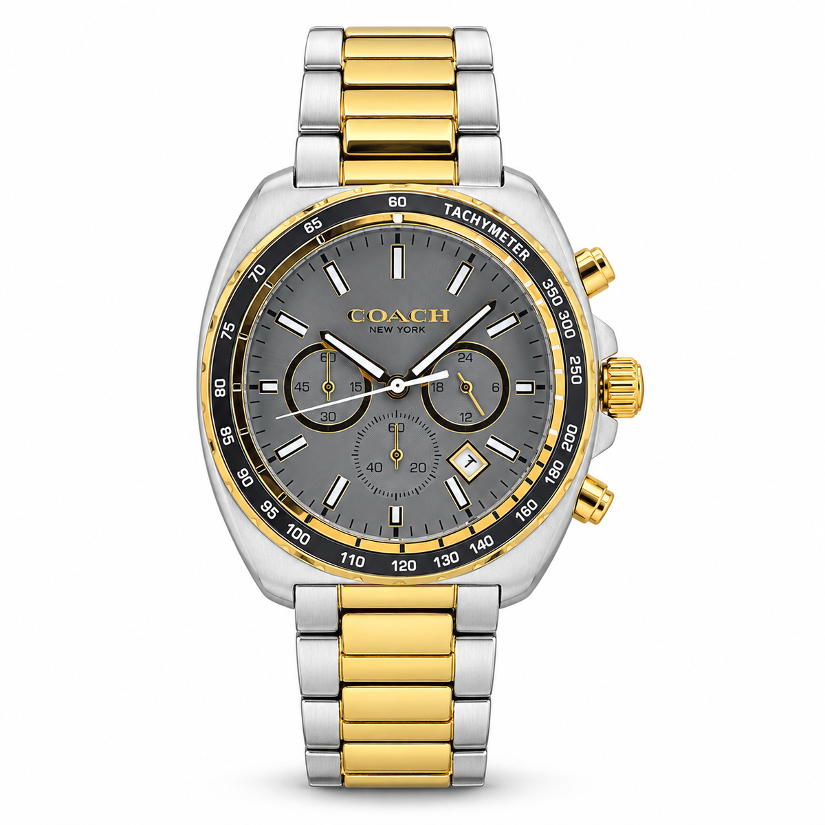 Coach Charter 14602738 two-tone gold and silver watch with grey dial on white background