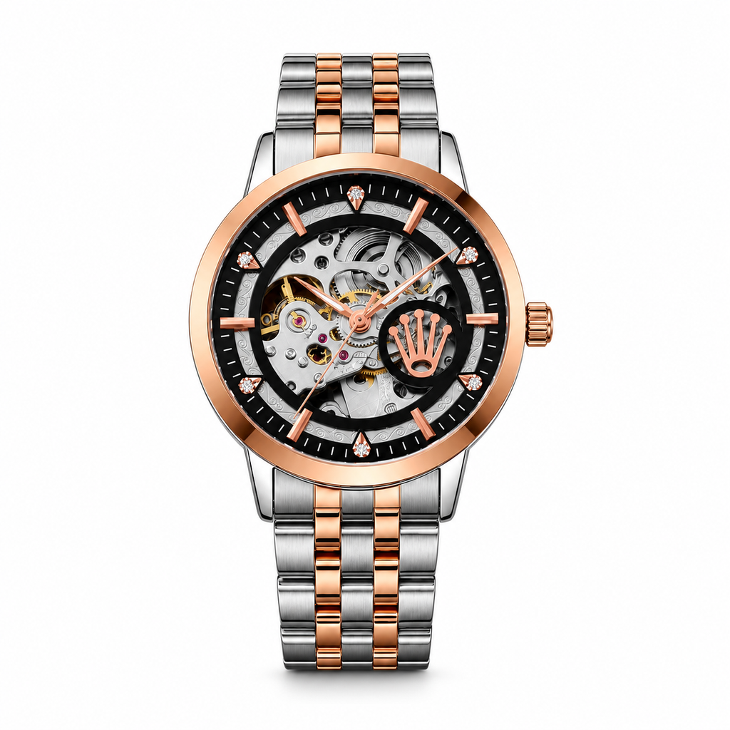 Rolex automatic skeleton watch in Silver Rose Gold and Black on white background