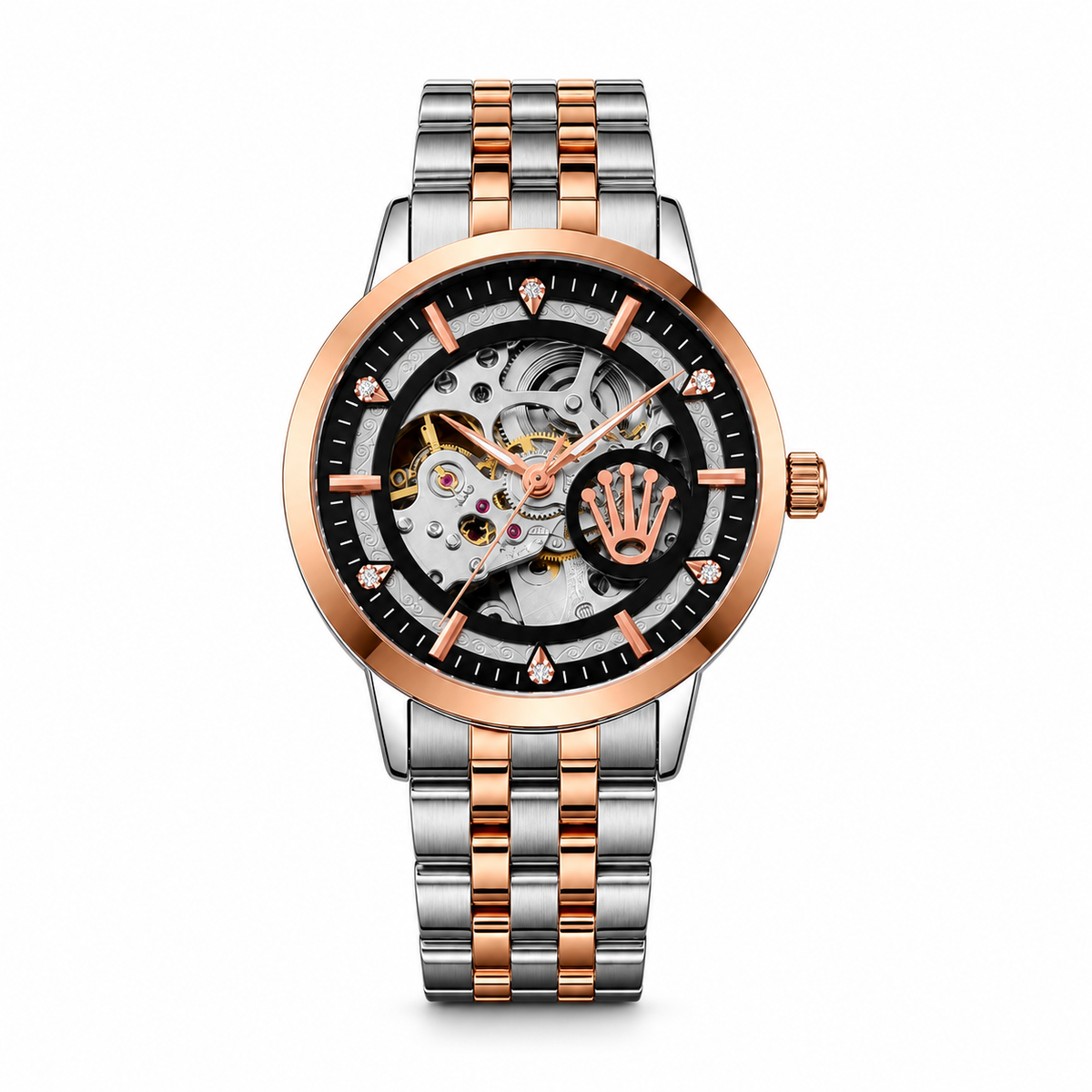 Rolex automatic skeleton watch in Silver Rose Gold and Black on white background
