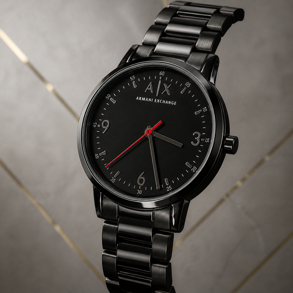 Armani Exchange Cayde black dial and bracelet close-up