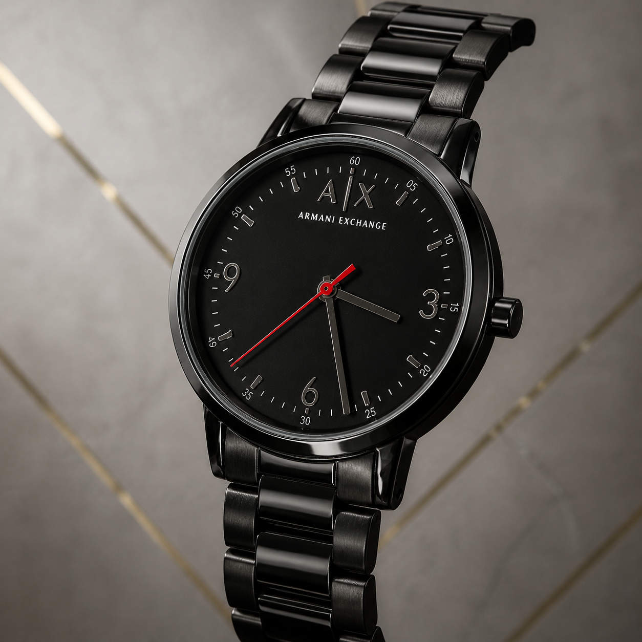 Armani Exchange Cayde black dial and bracelet close-up