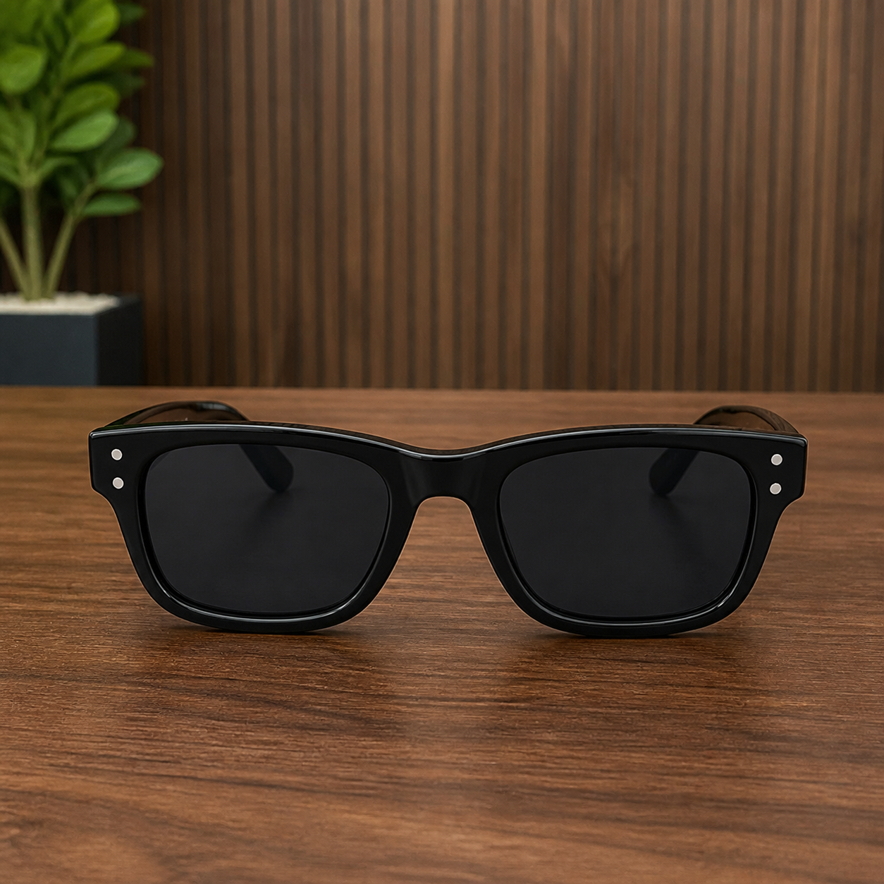 Ray-Ban glossy black dark-lens rectangular sunglasses front view