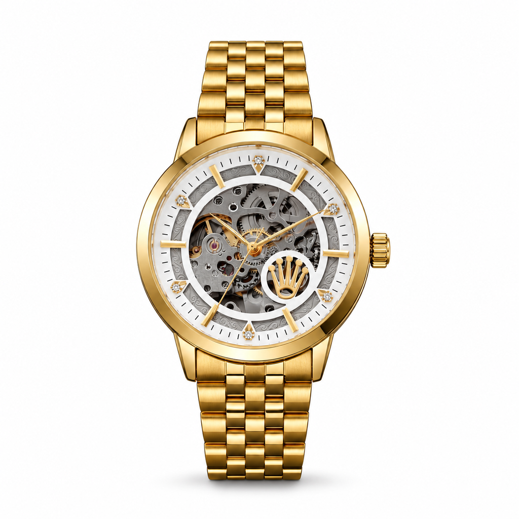 Rolex automatic skeleton watch in Gold and White on white background