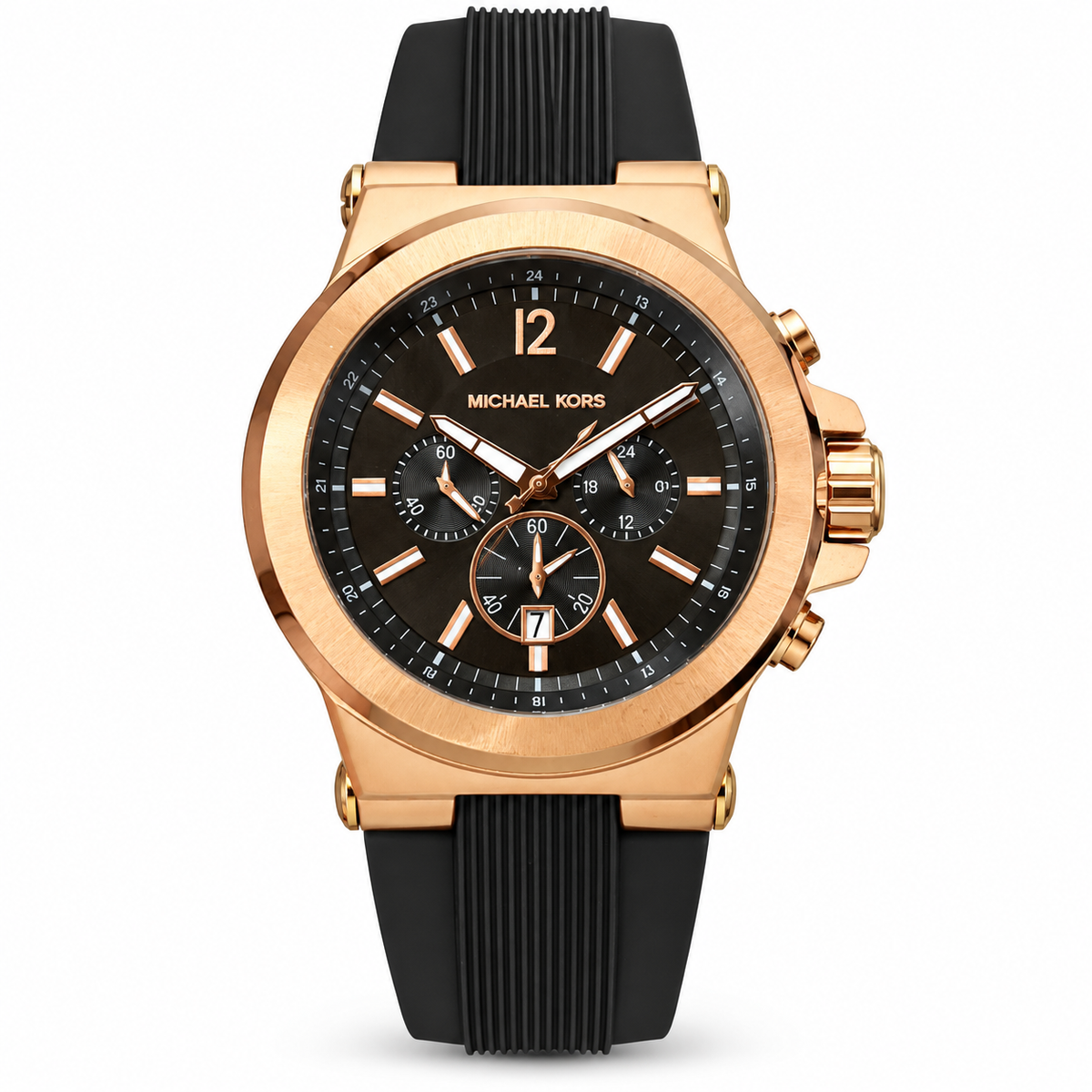 Michael Kors Dylan chronograph in rose gold and black on a white background