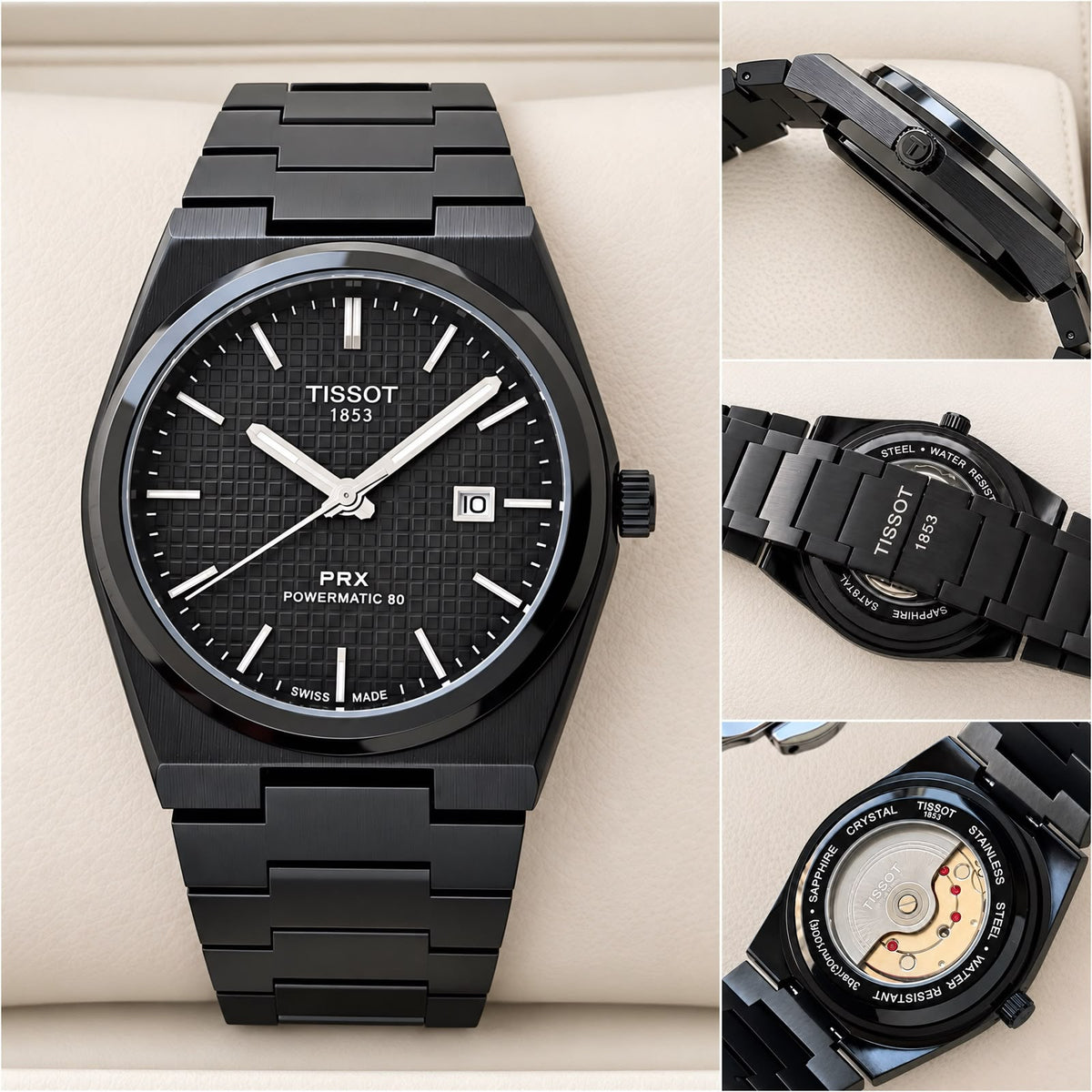 Tissot PRX Z-Black watch front, side, clasp and open caseback details