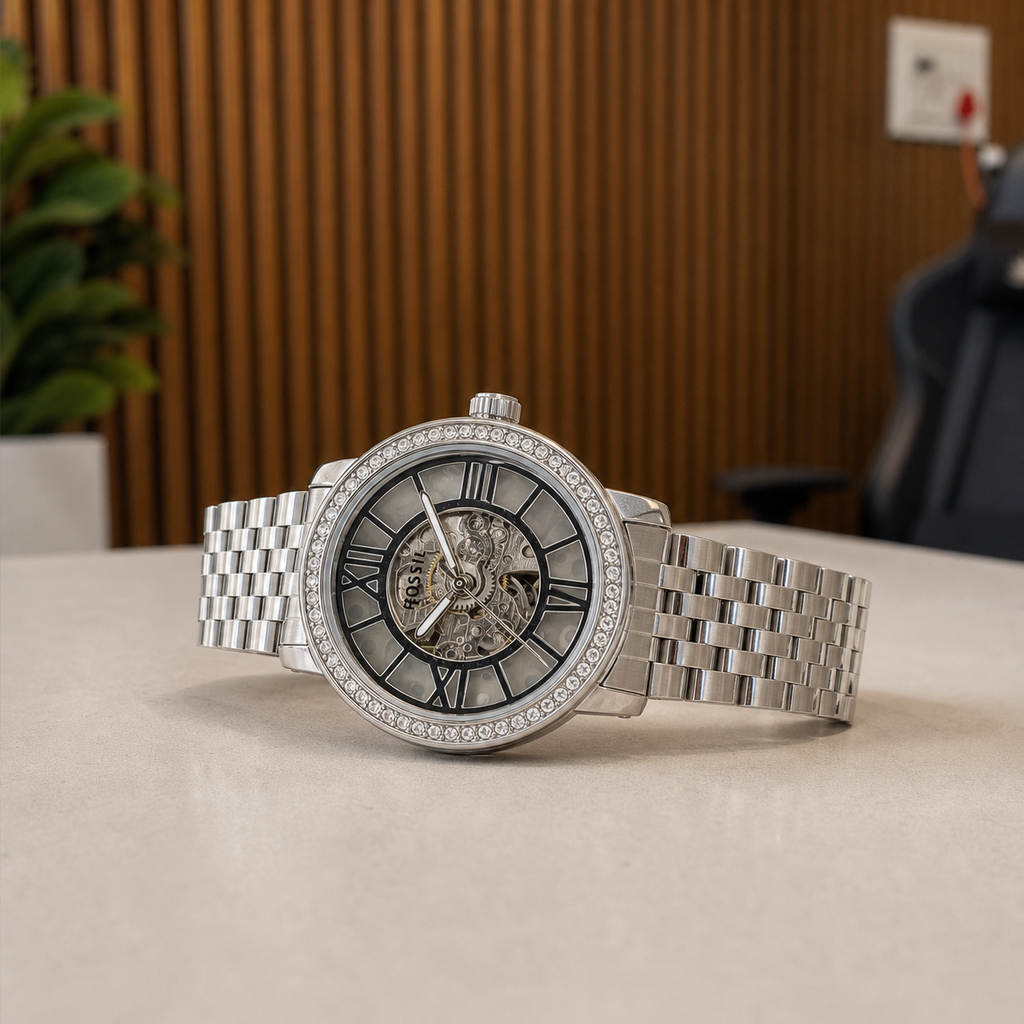 Fossil Curiosity crystal bezel skeleton watch detail on wood-wall office background