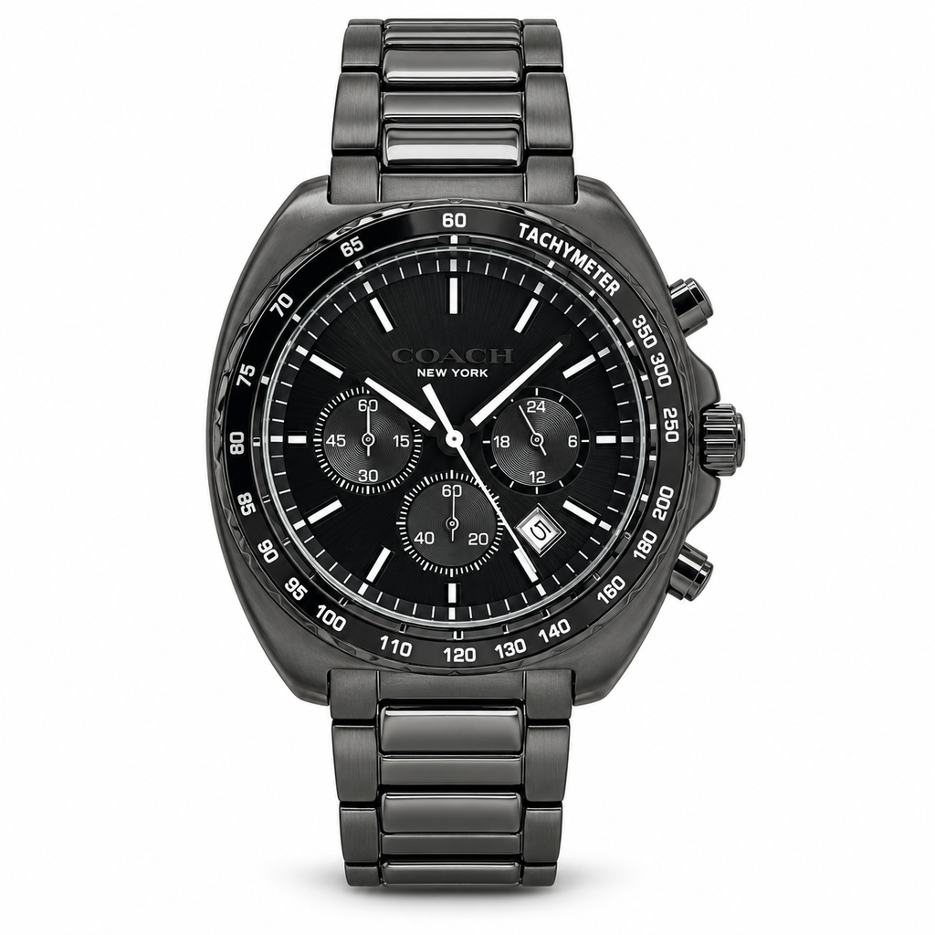 Coach Charter 14602738 gunmetal black watch with black dial on white background
