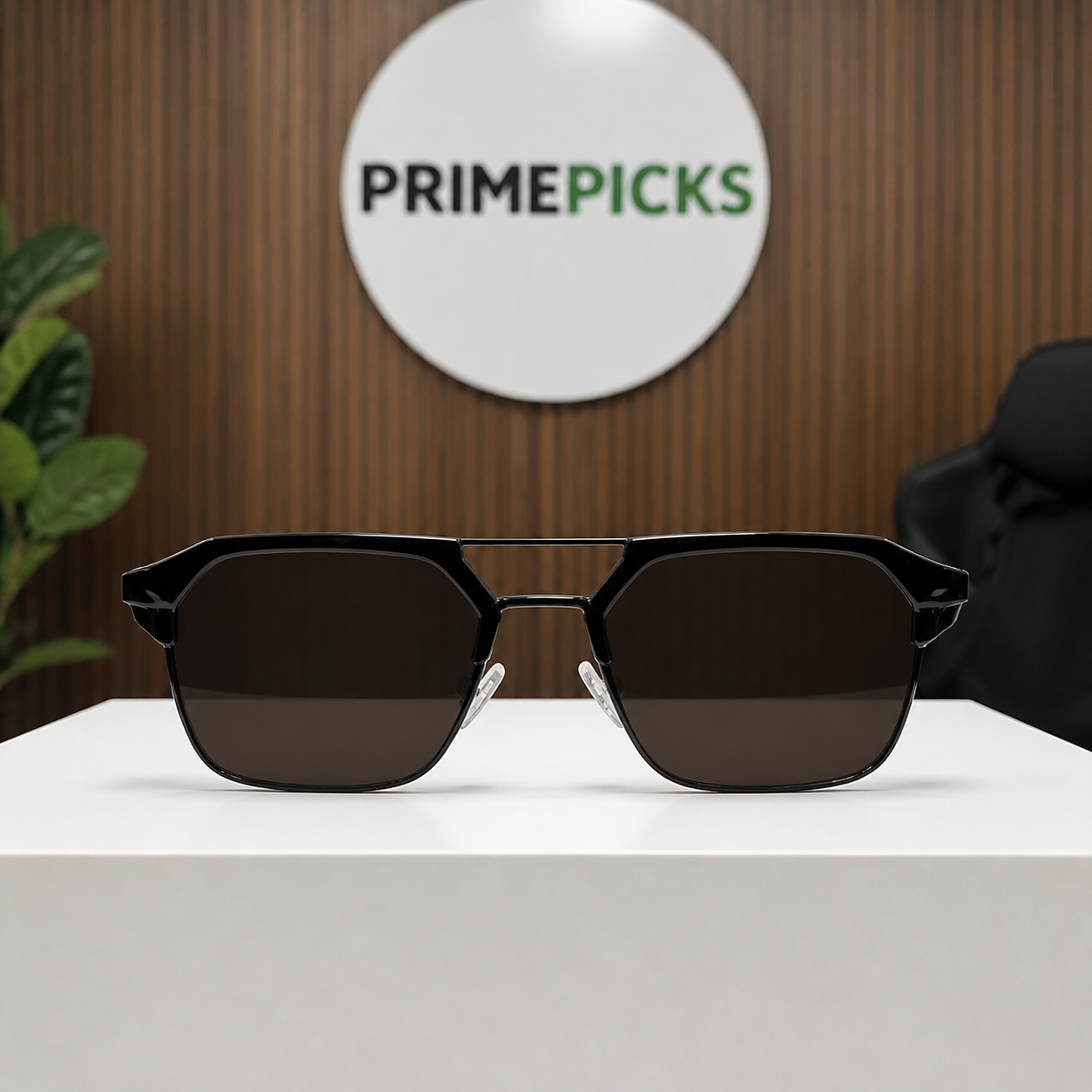 Ray-Ban glossy-black double-bridge sunglasses in the PrimePicks office