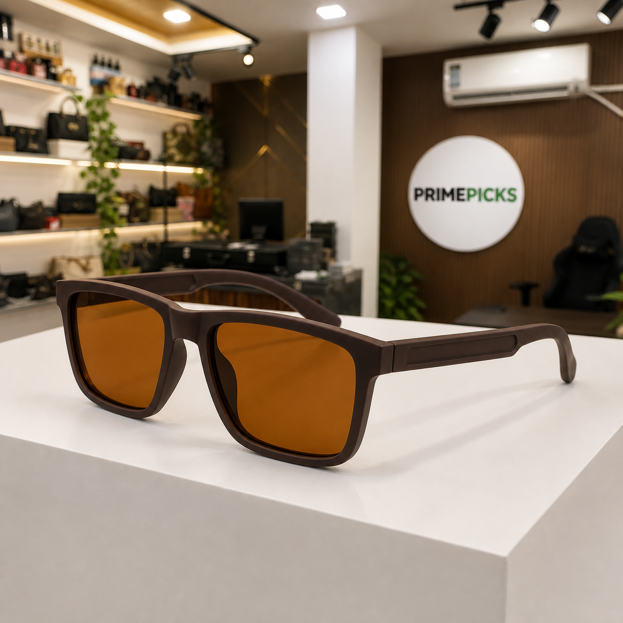Ray-Ban brown polarized sunglasses in the PrimePicks office