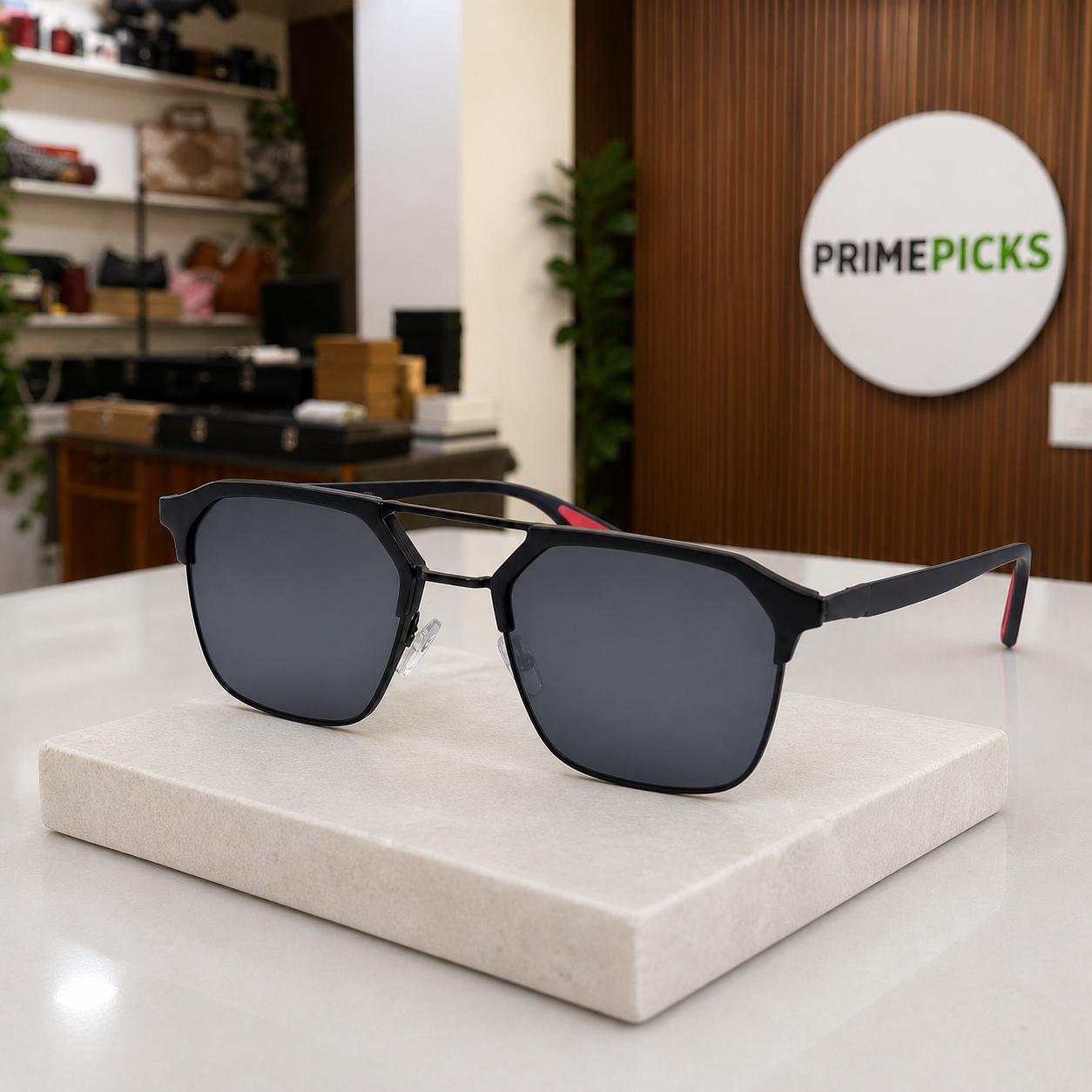 Ray-Ban black double-bridge sunglasses in the PrimePicks office