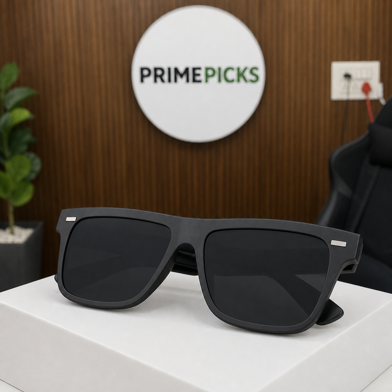 Ray-Ban matte-black flat-top sunglasses in the PrimePicks office