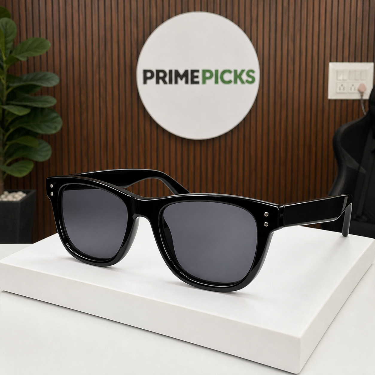 Ray-Ban glossy-black Wayfarer-style sunglasses in the PrimePicks office