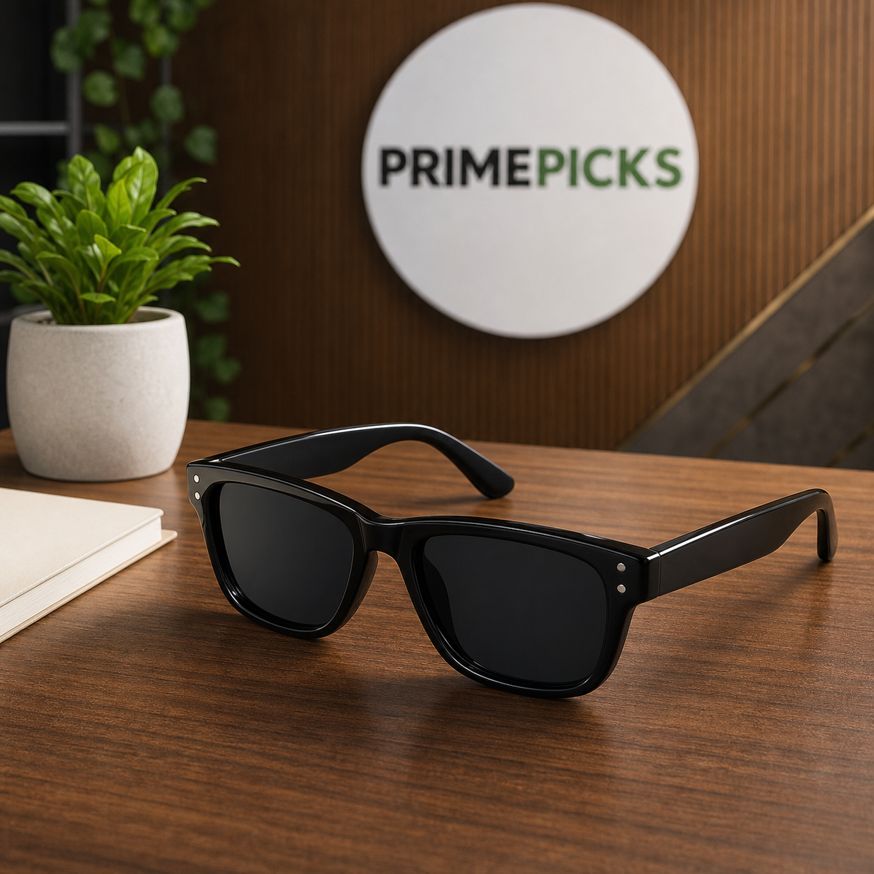 Ray-Ban glossy black sunglasses in the PrimePicks office