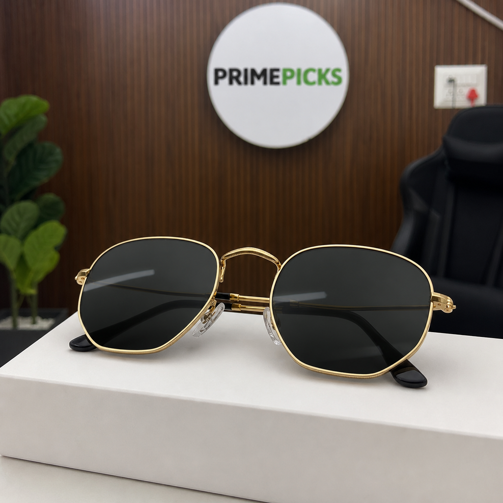 Ray-Ban gold-tone geometric sunglasses in the PrimePicks office