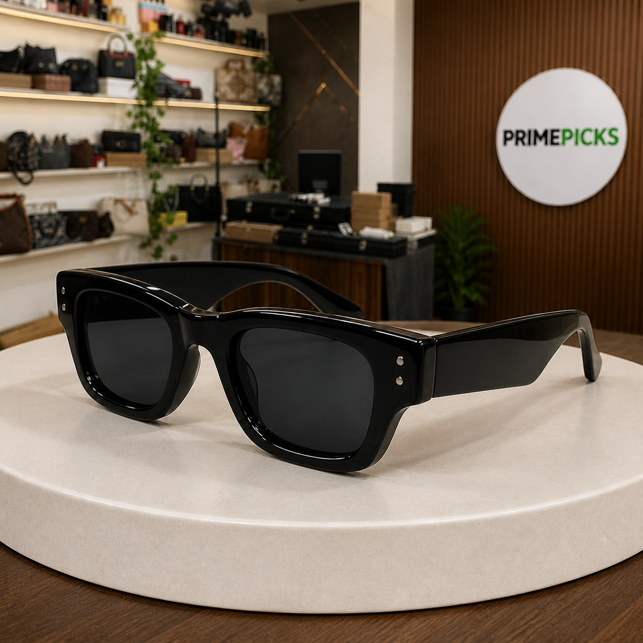 Ray-Ban glossy black sunglasses in the PrimePicks office