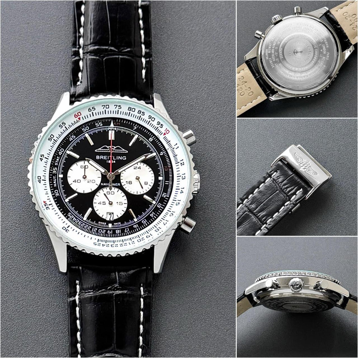 Breitling Navitimer-style watch detail collage showing strap clasp case back and pushers