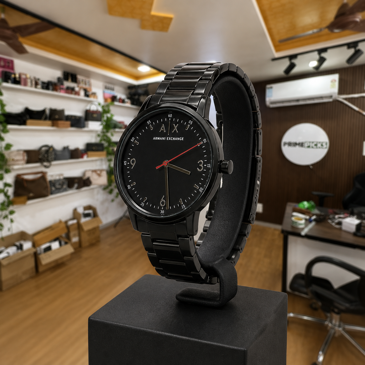 Armani Exchange Cayde black watch side profile in Primepicks office