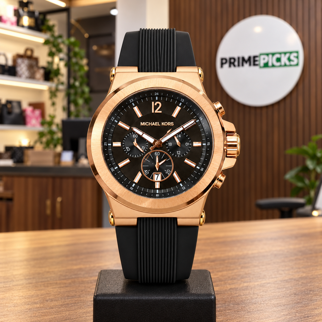 Michael Kors Dylan chronograph in rose gold and black in the PrimePicks office