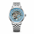 Rolex automatic skeleton watch in Silver and Sky Blue on white background