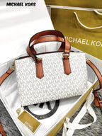 Michael Kors Emma Vanilla Signature handbag rear view with branded box